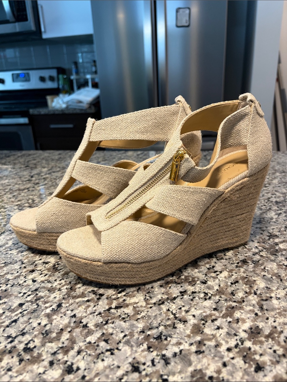 Michael Kors Beige Espadrille Wedge Sandals with Front Zip